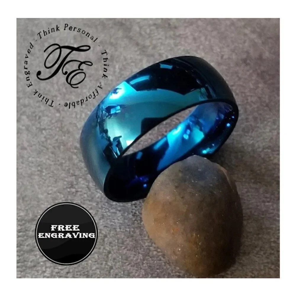 Personalized Engraved Men's Blue Ring  Band - Engraved Ring For Guys